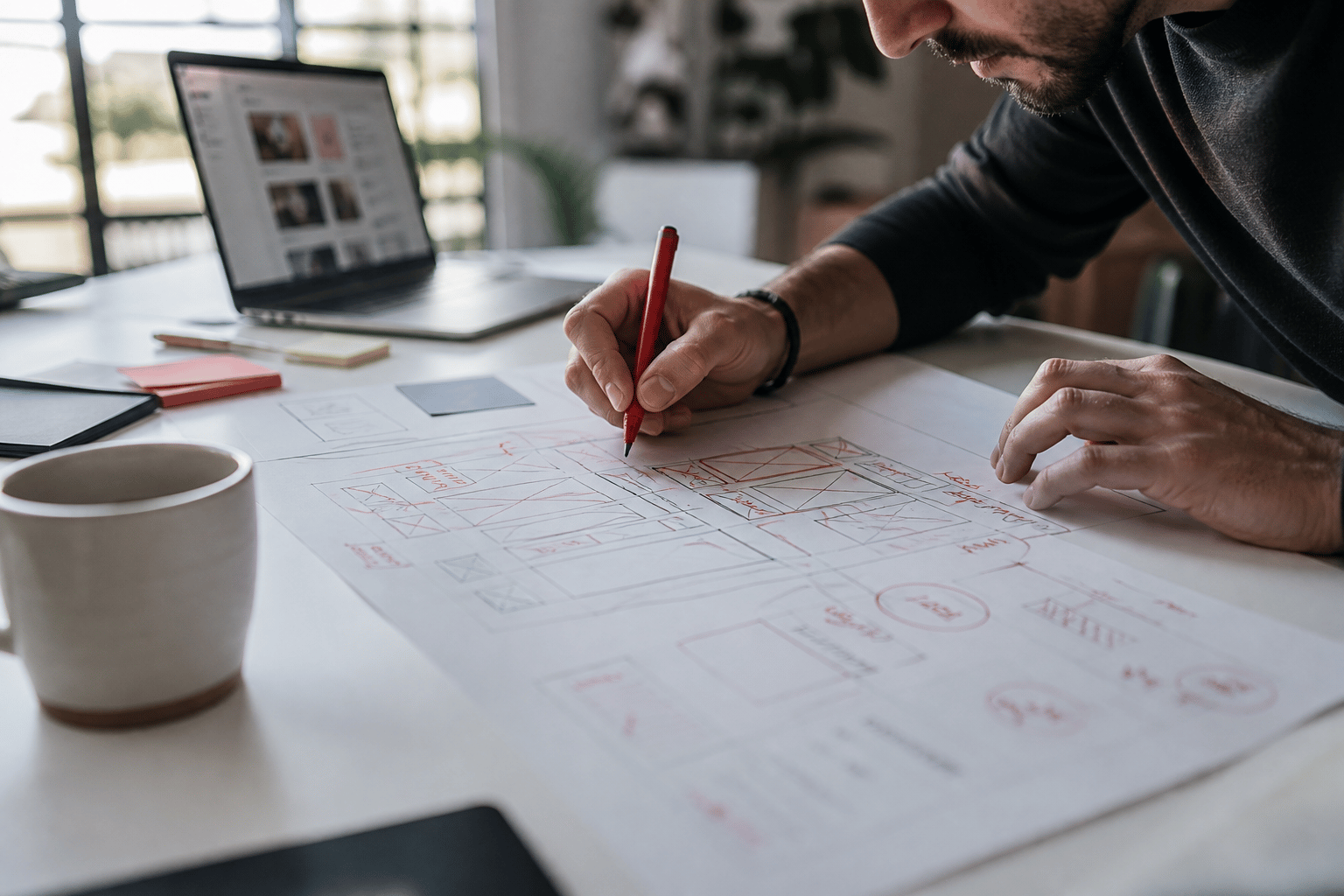 Revisión de una landing page impresa en una mesa de trabajo