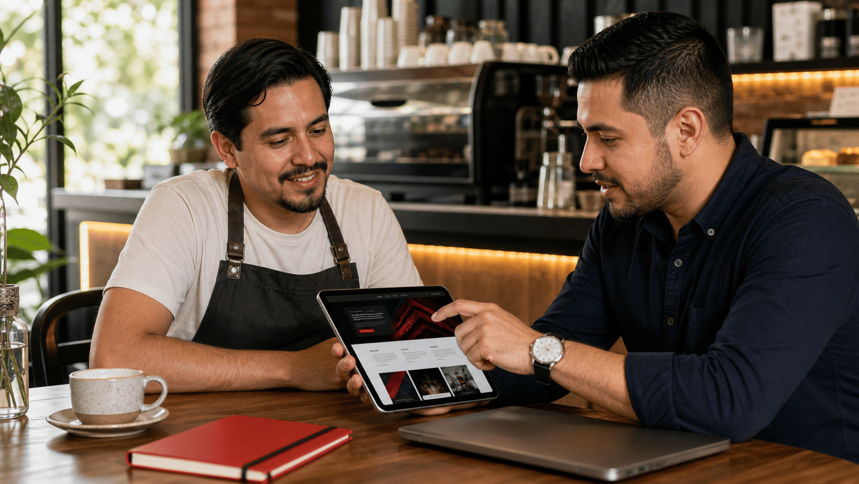 Asesoría digital en una cafetería de Cali con una tableta sobre la mesa