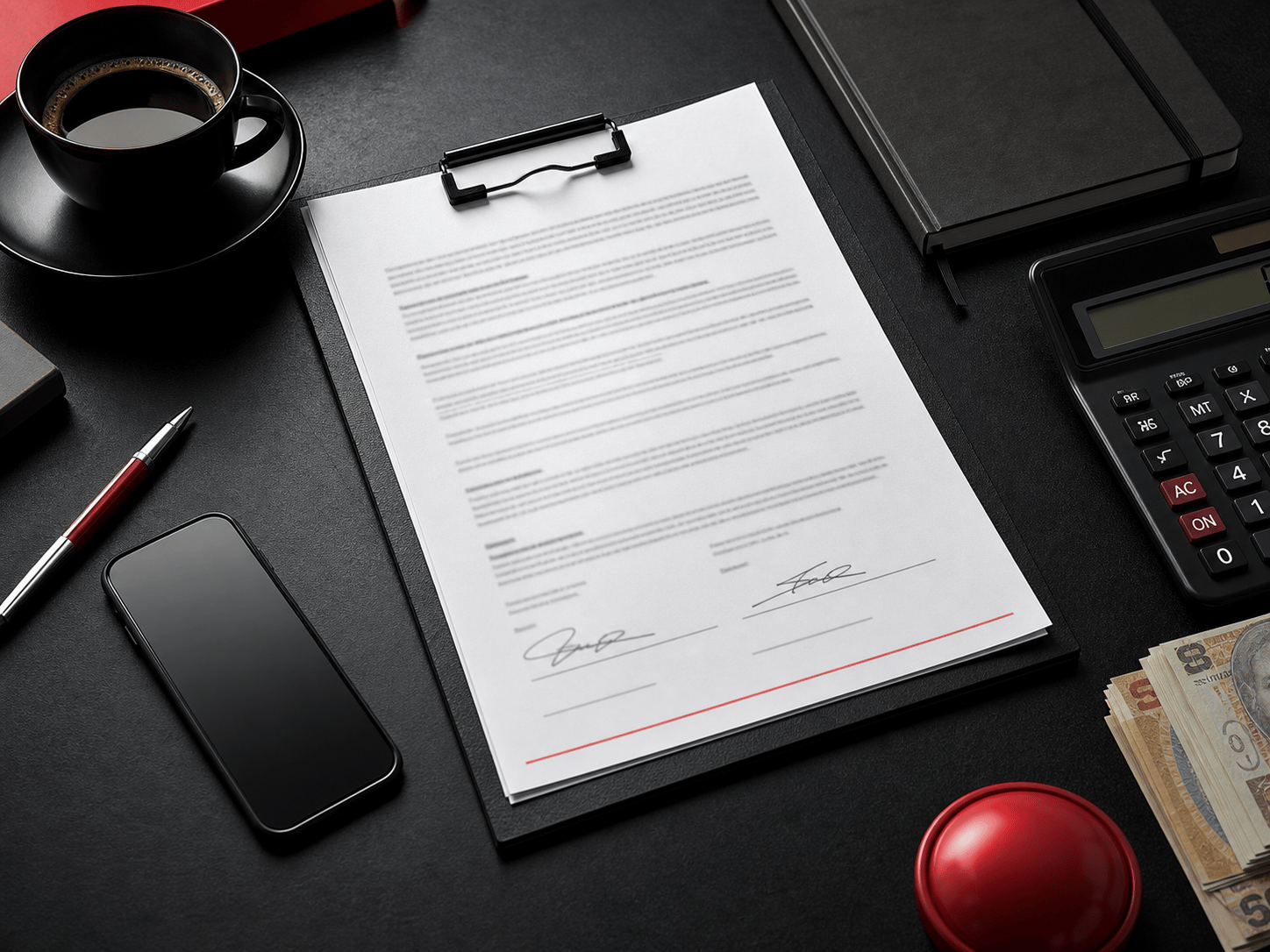 Documento de cotización, calculadora y teléfono sobre una mesa de trabajo