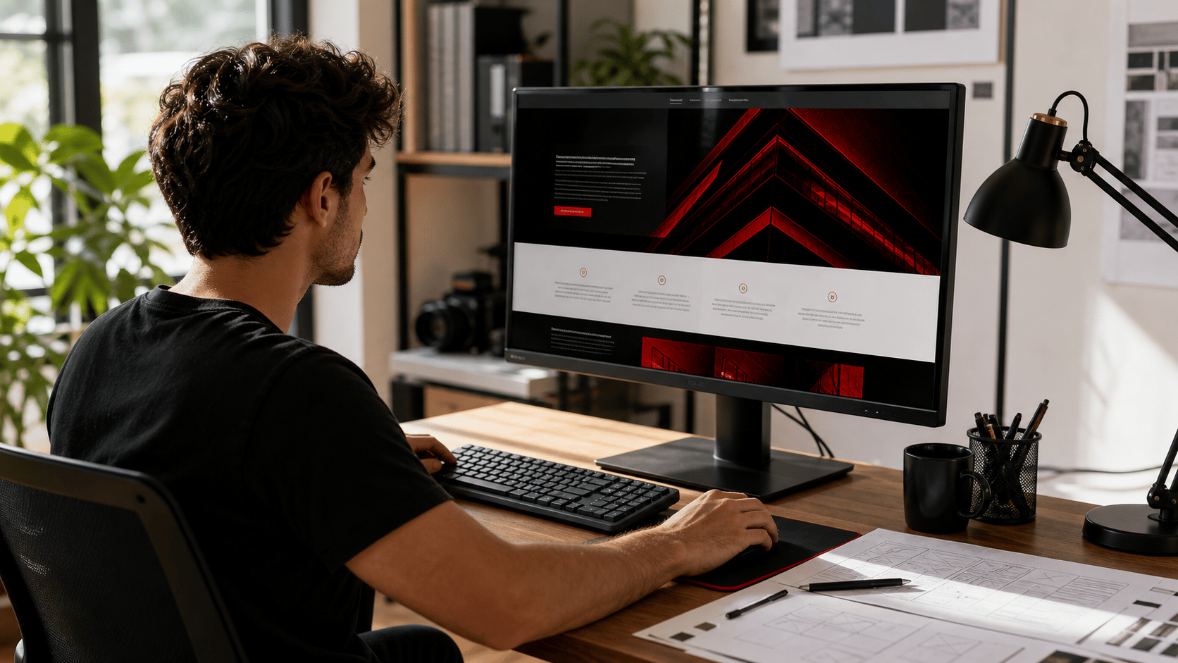 Diseñador revisando una landing page real en una pantalla de oficina