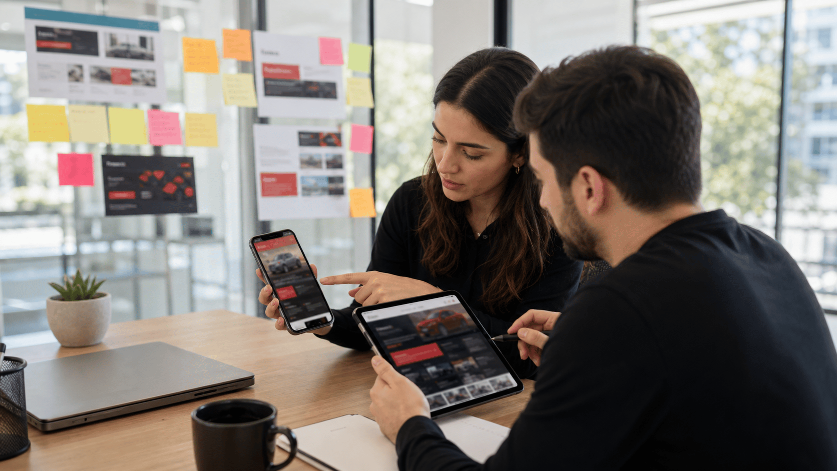 Equipo revisando campañas digitales en teléfono y tableta