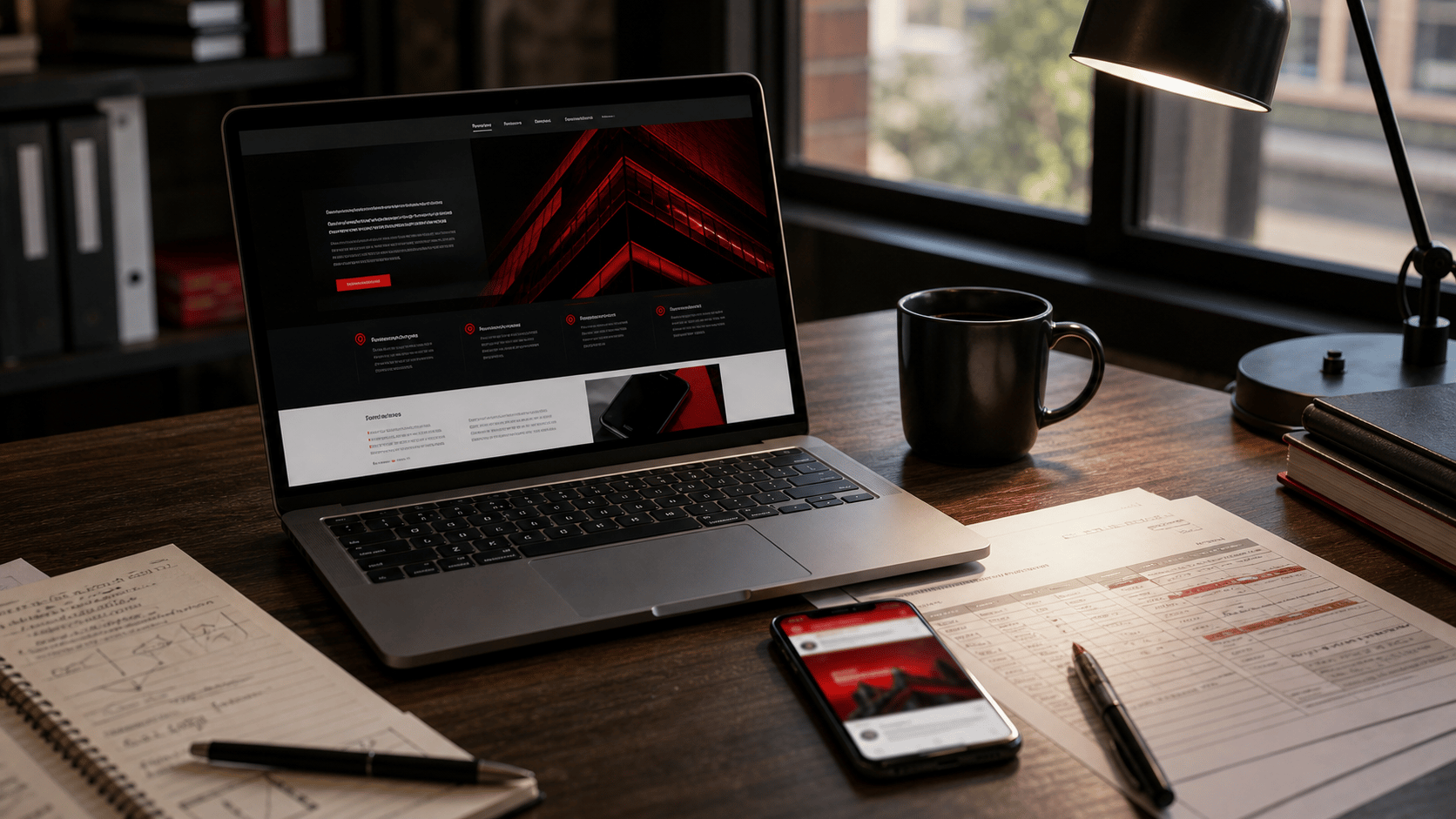 Mesa de estrategia con portátil y teléfono revisando una landing page